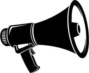 A black and white illustration of a megaphone, highlighting its shape and design elements.