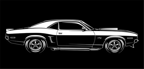 A black and white illustration of a classic muscle car.