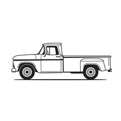 Black-and-white line art of a vintage side-view pickup truck with rounded fenders and classic mid-century styling.