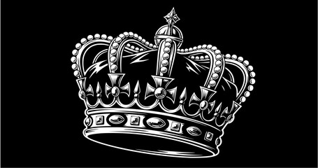 Detailed grayscale illustration of a regal crown on a black background.