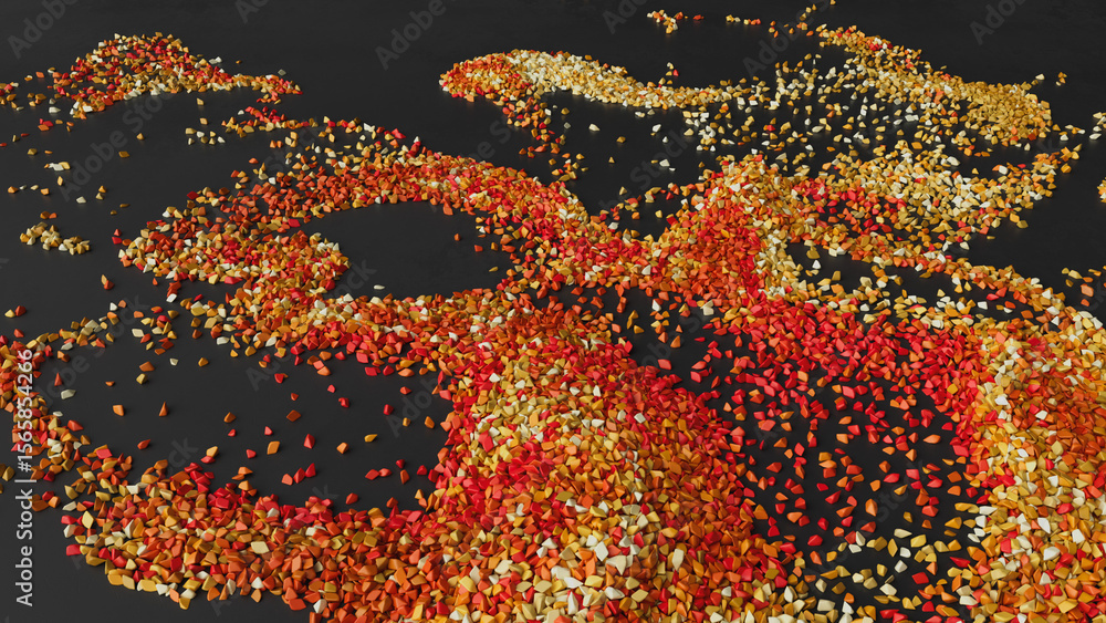 Poster modern abstract backdrop with flowing granular shapes in yellow and red.