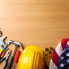 Labor Day: American Flag, Tools, and Hard Hat on Wood Background