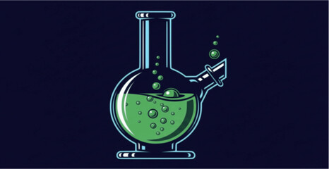 Illustration of a bong with green liquid and bubbles, against a dark blue background.