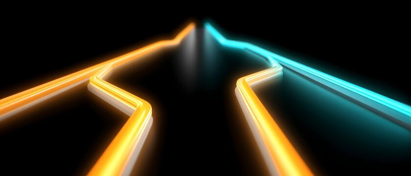 Glowing neon lines in orange and blue converge on a dark background light