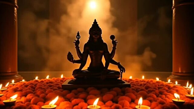 Chaitra Navratri, silhouette of Goddess Durga against the backdrop of orange and red twilight sky, small lamps lit around a simple altar, Ai generated ... See More