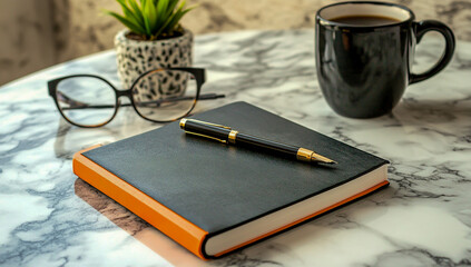 High-resolution image of a modern workspace, featuring a black and orange notebook, a pen on top, a ceramic coffee mug, glasses, and a plant in a tub.