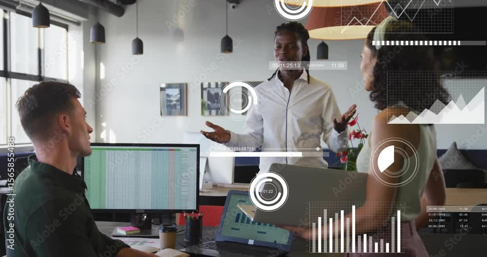Poster presenter showing business trends on monitor after teammate questioning while data charts appearing
