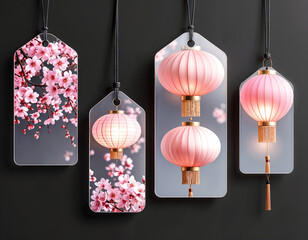 Elegant Cherry Blossom and Lantern Tags. Modern Oriental Aesthetic