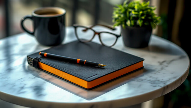 High-resolution image of a modern workspace, featuring a black and orange notebook, a pen on top, a ceramic coffee mug, glasses, and a plant in a tub.