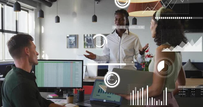 Presenter showing business trends on monitor after teammate questioning while data charts appearing