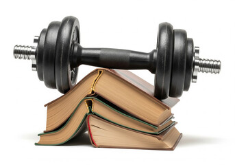 Illustrate a symbolic stack of books with a heavy dumbbell crushing them from the top, symbolizing the pressure of academic success. The books should look real and slightly bent under the weight. All 
