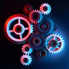 Interlocking Gears: Red and Blue Neon Industrial Machine Parts, Teamwork Concept