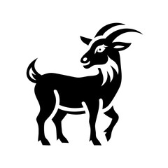 Silhouette of a goat with curved horns on white background