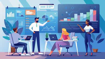 People in office analyzing data and giving presentation