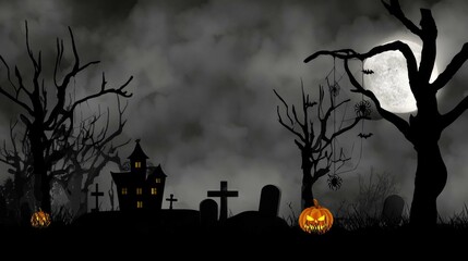 Spooky Halloween Night Scene with Haunted House and Jack-o'-Lanterns