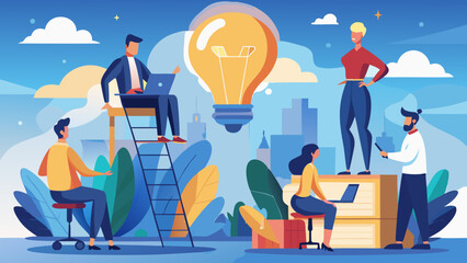 Illustration of people working around a lightbulb idea