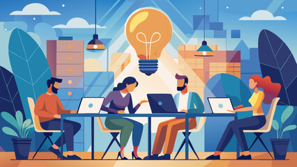 People collaborating around a table with a lightbulb