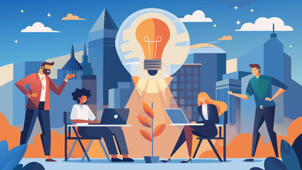 People collaborating with idea lightbulb in city view