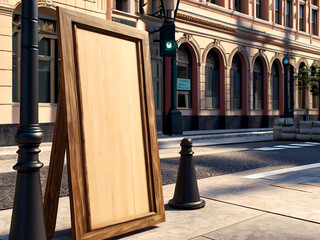 Blank wooden signboard in a city. Mockup, 3d rendering. Created using generative AI tools