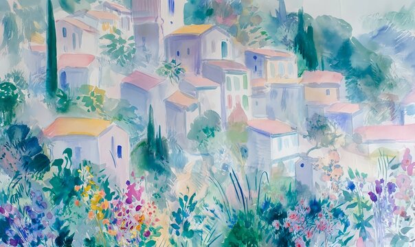 Bright watercolor townscape with terracotta roofs, green trees, and floral accents in a peaceful countryside setting