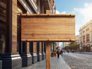 Blank wooden signboard in a city. Mockup, 3d rendering. Created using generative AI tools