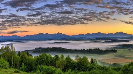 Fototapeta premium Scenic Landscape with Mountains and Forest at Dawn