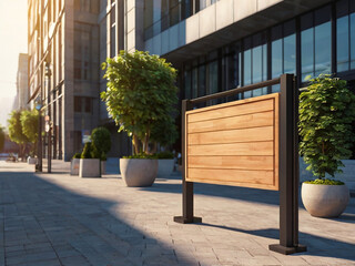 Blank wooden signboard in a city. Mockup, 3d rendering. Created using generative AI tools