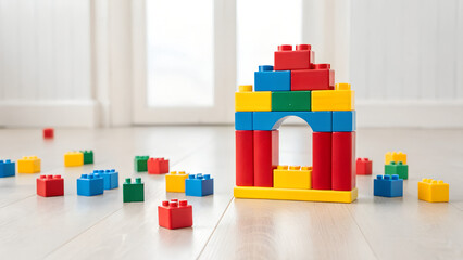 Colorful Construction: A vibrant and eye-catching assortment of toy building blocks scattered on a light-colored floor, creating a scene of playful construction and boundless creativity. 