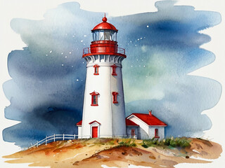 Lighthouse watercolor illustration on white background. Created using generative AI tools