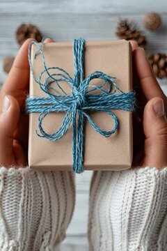 Hands in cozy sweater holding rustic gift box with blue string and pinecones