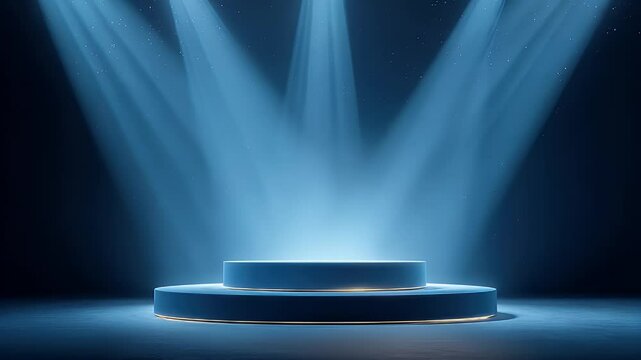 A minimalist stage illuminated by dramatic blue lighting, creating an atmospheric backdrop for presentations