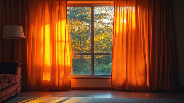 Warm sunlight streams through orange curtains onto a room