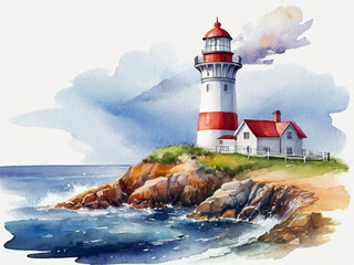 Lighthouse watercolor illustration on white background. Created using generative AI tools
