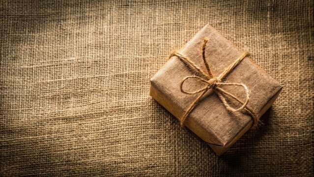 A rustic brown gift box tied with twine rests on a burlap background.