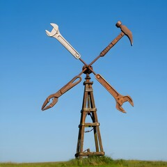 Rustic Tool Windmill Sculpture:  Serene Blue Sky, Weathered Metal, Craftsmanship.
