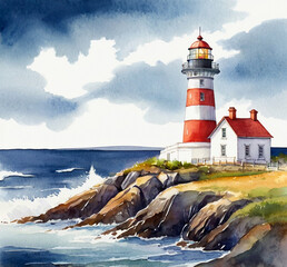 Lighthouse watercolor illustration on white background. Created using generative AI tools