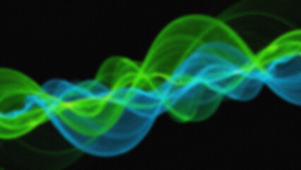 Flowing abstract waves of green and blue light against a black background