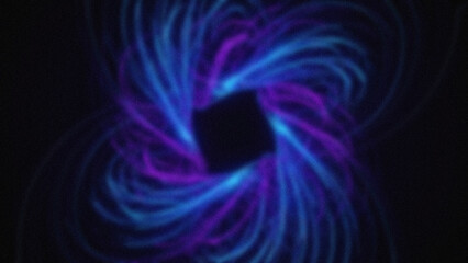 Swirling blue and purple ethereal energy flows around a central black square void