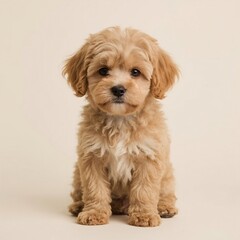 A full body warm and endearing portrait of a mopse, a small, playful dog with a curly, non-shedding coat, featuring a round face, large brown eyes, floppy ears, and a short, button nose, sitting on a 