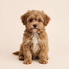 A full body warm and endearing portrait of a mopse, a small, playful dog with a curly, non-shedding coat, featuring a round face, large brown eyes, floppy ears, and a short, button nose, sitting on a 