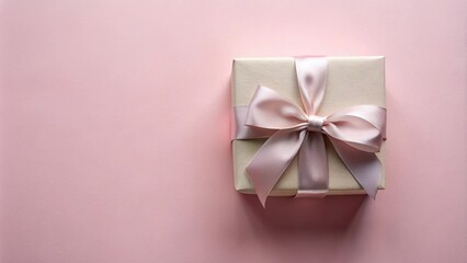 Obraz premium Elegant cream gift box with a delicate pink satin ribbon bow on a pale pink background