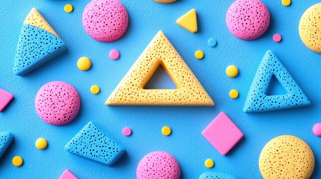 Colorful geometric shapes on a bright blue background