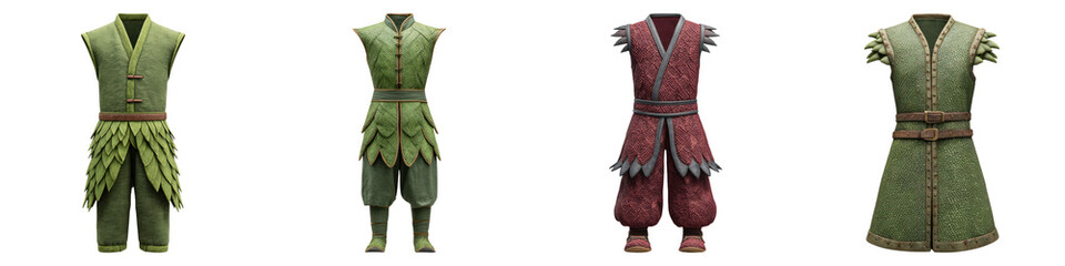 Medieval fantasy warrior costumes with scaly armor and bold colors for roleplay or cosplay events
