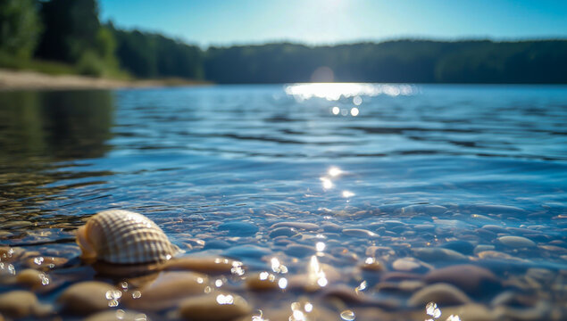 Shallow coastal waters are seen from close up, where a sharp focus of pebbles and small rocks is clearly visible, with natural formations and gentle waves.