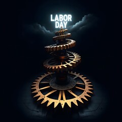 Steampunk Labor Day Gear:  Dark, Moody, Industrial Design, Grunge Texture,  Neon Labor Day Text.