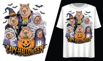 Obraz premium Capy-Halloween, Spooky Capybara Witch Mummy, T-Shirt Design.