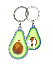 avocado shaped key chain accessory with a picture of a male and female couple with small hearts on a transparent background