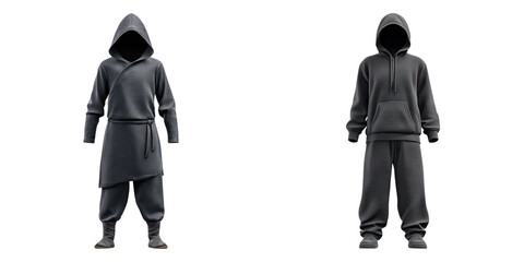 Dark hooded costume with loose pants and shoes, featuring stealth assassin suit and game gear for mysterious look