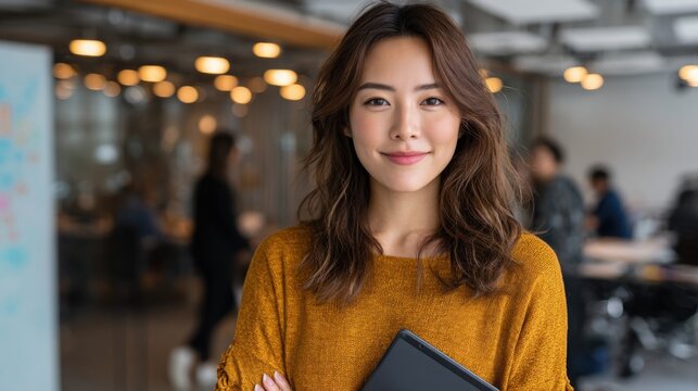 Happy Asian female entrepreneur in her late 20s/early 30s holding a tablet in a well-lit office. Warm smile, direct eye contact, business casual.