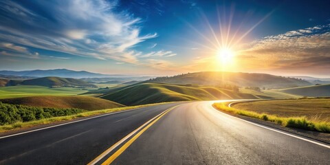 Naklejka premium Asphalt road curves gently through a sun-drenched landscape of rolling hills and vibrant green fields at sunset.